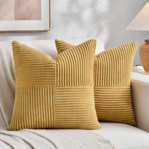 Fancy Homi 2 Packs Mustard Yellow Decorative Throw Pillow Covers 16x16 Inch for Living Room Couch Bed, Rustic Farmhouse Boho Home Decor, Soft Corss Patchwork Corduroy Textured Cushion Case 40x40 cm by Fancy+Homi