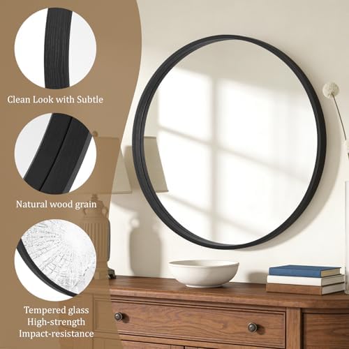 WallBeyond Round Wood Mirror, 32" Round Modern Decoration Large Circle Wall Mirror for Bathroom Living Room Bedroom Entryway, Black - Image 5