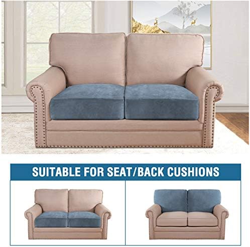 H.VERSAILTEX Velvet Stretch Couch Cushion Cover Plush Cushion Slipcover for Chair Loveseat Sofa Cushion Furniture Protector Seat Cushion Sofa Cover (2 Piece Medium Sofa Cushion Covers, Stone Blue) - Image 3