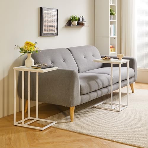 Aibiju C Shaped End Table, Small Side Table for Sofa and Bed, White Bedside Table, Laptop Desk for Couch 16x12x25 inch Faux Marble+White YD-TM051W - Image 2