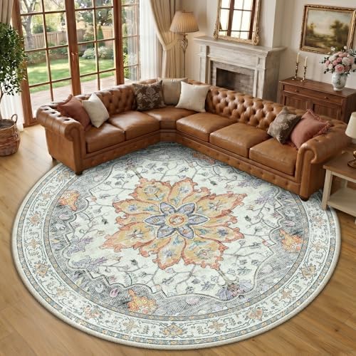 RELEANY Washable Area Rug, Round 10ft, Beige/Carbon Grey/Orange by RELEANY