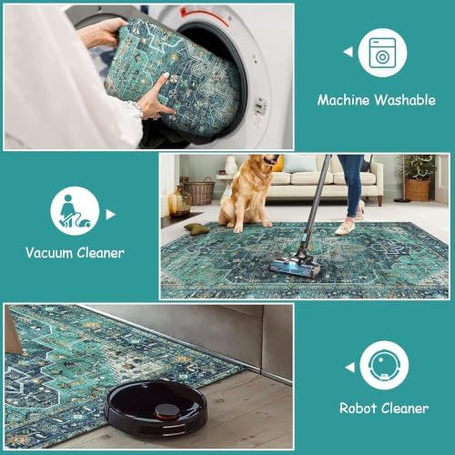 Moynesa Ultra-Thin Washable 10x14 Area Rugs for Living Room, Teal Large Living Room Rug Non Slip, Vintage Oriental Indoor Floor Carpet for Dining Room Table Dorm Home Office Decor - Image 5