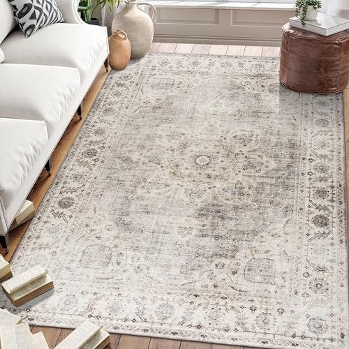 ReaLife Rugs Machine Washable Area Rug - Living Room Bedroom Bathroom Kitchen Entryway Office - Padded Low Pile Stain Resistant Premium - Boho Farmhouse Vintage - Joy - Beige Ivory 6' x 8' by ReaLifeRugs