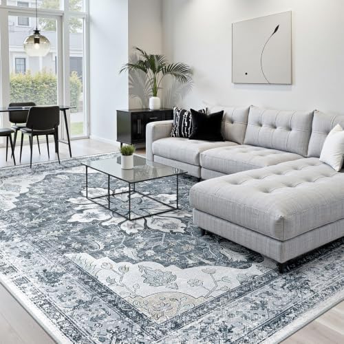 RELEANY Washable Area Rug, 8'x10', Grey/White/Beige by RELEANY