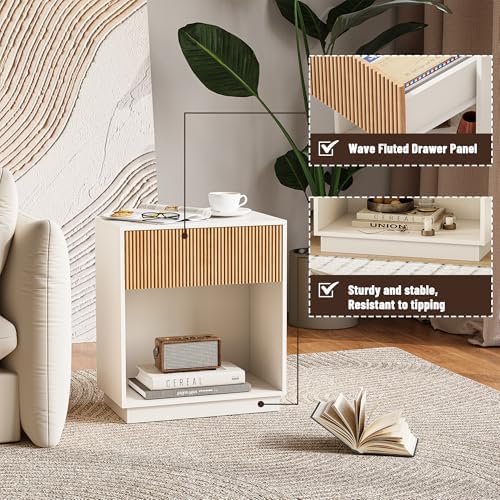 Fluted Nightstands Set of 2, Modern Bedside Table with Drawer and Storage Shelf, Wood End Table Mid Century Night Stands for Bedroom Living Room Sofa Couch Office (White+Oak) - Image 4