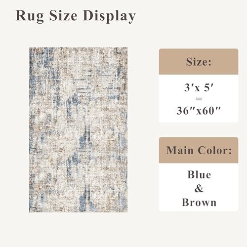Washable 3x5 Entryway Rug - Non-Slip Soft Low-Pile Thin Small Area Rugs for Kitchen Bedroom Living Room Hallway – Modern Abstract Neutral Door mat Indoor（Blue Brown） - Image 2