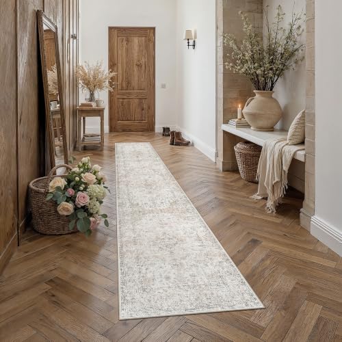 2'6x12 Washable Runner Rug Beige Grey Non Slip Vintage Carpet - Image 3