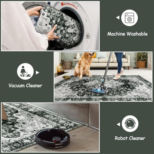 Moynesa Ultra-Thin Washable Area Rugs 8x10 Black and White Rugs for Living Room, Boho Large Rugs for Bedroom Non Slip Lightweight, Vintage Low Pile Carpet for Dining Room Home Office Decor - Image 6
