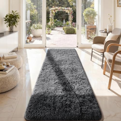 Ophanie 2x8 Runner Rug for Hallway, Upgrade Non-Slip Fluffy Soft Bedside Rugs, Bedroom Living Room Grey Shaggy Gray Carpet for Kids Dorm Home Decor with Over 99 pcs Pile fibers - Image 3