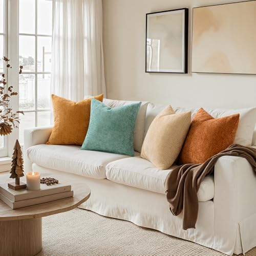 MIULEE Soft Decorative Chenille Fall Pillow Covers Beige Orange Teal 18x18 - Image 5