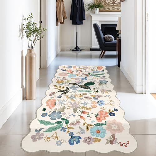 Washable 3x6 Hallway Runner Rug: Floral Scalloped Soft Runners for Entryway Kitchen Nursery Non Slip Bathroom Laundry Floor Mat Water Resistant Light Weight Carpet for Living Room Bedroom (3x6,Cream) - Image 3