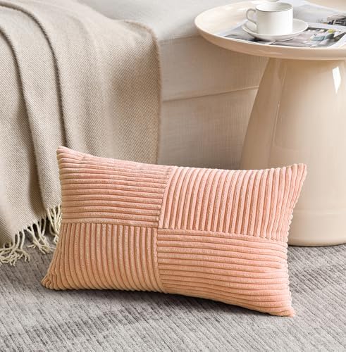 Fancy Homi 2 Packs Peach Long Lumbar Decorative Throw Pillow Covers 12x24 Inch for Couch Bed Sofa, Rustic Farmhouse Boho Home Decor, Soft Striped Corduroy Rectangle Accent Cushion Case 30x60 cm - Image 2