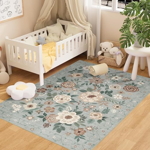 DUKINO 4x6 Area Rug, Floral Washable Office Chair Rug Non Slip, Sage Green - Image 3