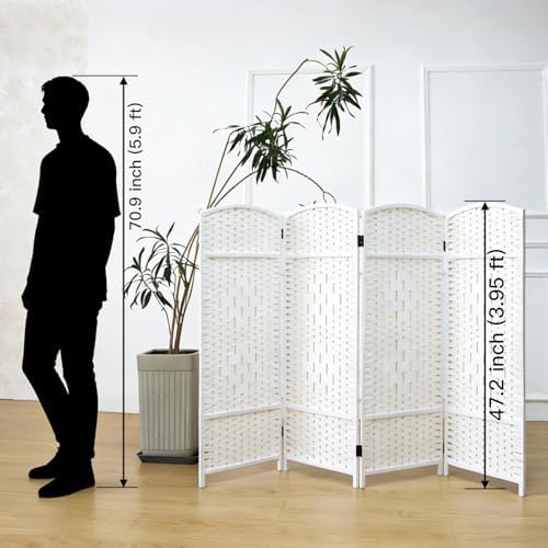 Furnnylane 4 Panel Rattan Divider Short Room Partition Screen,Double Sided Folding Divider for Room Separation,White,47.2" H x 63" W - Image 2