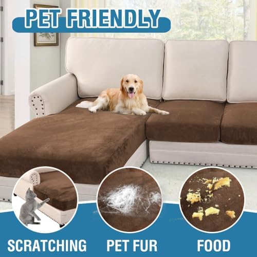 H.VERSAILTEX Velvet Stretch Sectional Couch Covers 3 Pieces Sofa Seat Cushion Covers L Shape Separate Cushion Couch Chaise Cover for Both Left/Right Couch(Large Sofa 2 Seater + 1 Chaise, Caramel Cafe) - Image 3