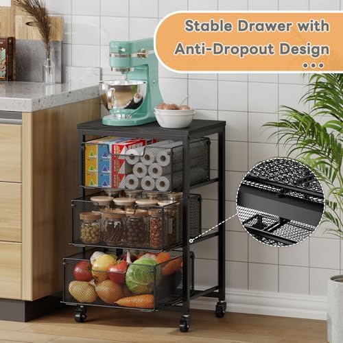 Pantry Organizer and Storage Cart, 3-Tier Kitchen Storage Cart with Drawer, Fruit Vegetable Storage Cart with Wheels, Wooden Top Metal Wire Kitchen Organizer Rack Stand for Food Snack Onion Potato - Image 3