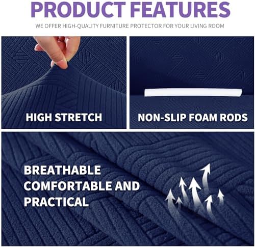 ZNSAYOTX Oversized Super Stretch Couch Cover (92"-115"), New Striped Sofa Covers Comfortable & Durable, Dog Cat Pets Friendly Extra Large Spandex Sofa Slipcovers (Navy Blue, XL Sofa) - Image 4