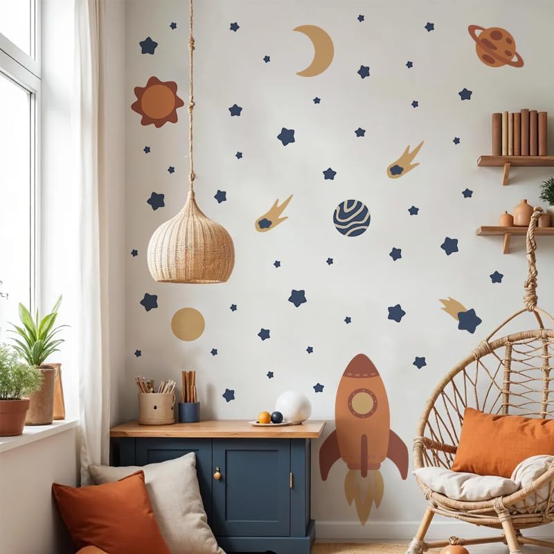 Outer Space Wall Decals, Peel and Stick Rockets Stars Planet Wall Stickers, Space Themed Wall Decor for Baby Nursery Kids Bedroom Boys Playroom Decoration by Kasubeso