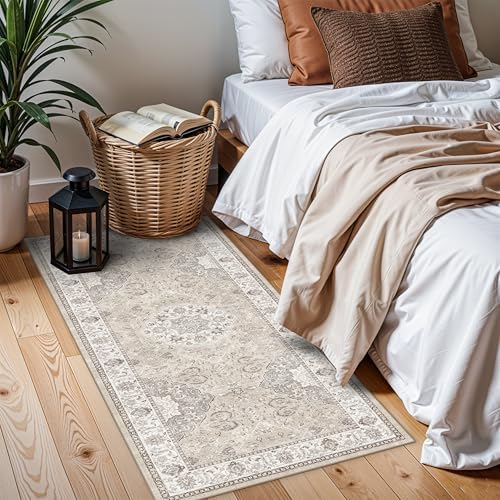 Washable 2x4 Entryway Area Rugs: Vintage Water Resistant Kitchen Rug Non-Slip Durable Doormat Ultra Soft Living Room Bedroom Carpet Indoor Low Pile Floor Mat for Bathroom Dining Room(2x4,Beige) - Image 3
