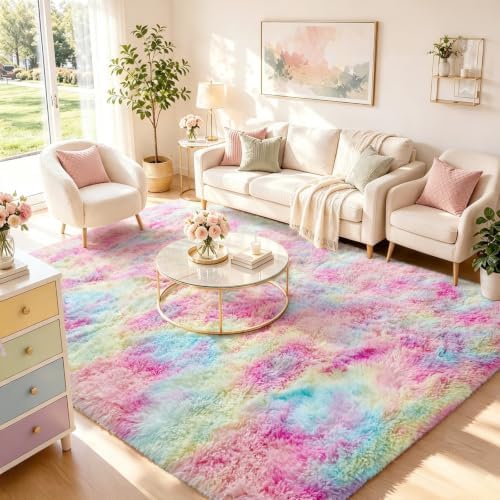 Ophanie 6x9 Rainbow Rug for Bedroom Girls, Unicorn Colorful Fluffy Soft Cute Fuzzy Area Rugs, Shag Plush Shaggy Bedside Floor Furry Carpet for Kids Baby Teen Dorm Nursery Home Decor Aesthetic by Ophanie