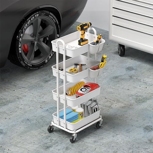 Simple Houseware 4-Tier Rolling Utility Cart with Hanging Bucket, White - Image 5