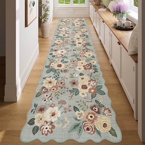 DUKINO 2x8 Washable Runner Rug, Floral Non Slip Kitchen Rugs, Sage Green by DUKINO