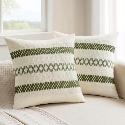 MIULEE Set of 2 Moss Green Boho Decorative Pillow Covers 20x20 Inch by MIULEE