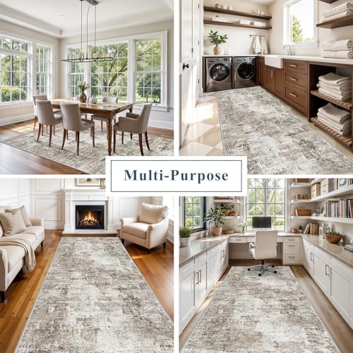 4x10 ft Extra Wide Hallway Rug – Non-Slip Washable Rubber-Backed Large Carpet Runner for Kitchen, Entryway | Modern Abstract, Low-Pile Thin Floor Mat for Bedroom Living Room Dining Room (Beige,Grey) - Image 4