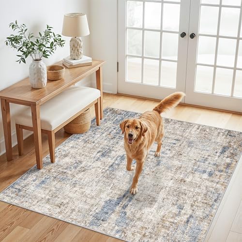 5x5 Square Entryway Rug Washable – Non-Slip Small Area Rug for Kitchen or Bathroom, Soft Low-Pile Indoor Mat, Modern Abstract Thin Door Carpet (Blue Brown) by ZHXXUJ