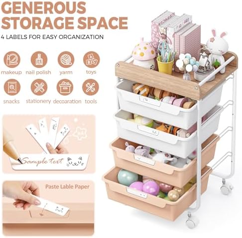 SYKIARIOL Rolling Craft Storage Cart with 4 Drawers,Kids Art Cart,Pearl - Image 4