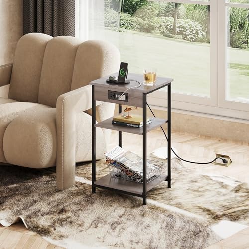 WLIVE Grey End Table with Charging Station, Small Night Stand - Image 2