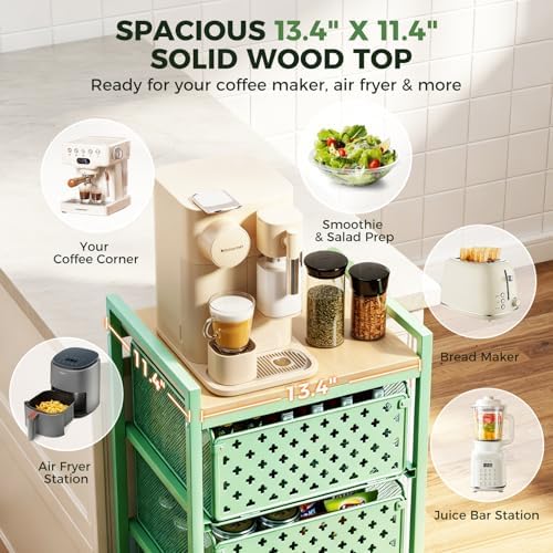 5 Tier Kitchen Storage Cart with Wheels, Utility Fruit Vegetable Storage Rack Stand with Pull-Out Baskets & Wood Top, Metal 4-Drawers Rolling Snack Cart, Kitchen Cart for Potato Onion(Green) - Image 3