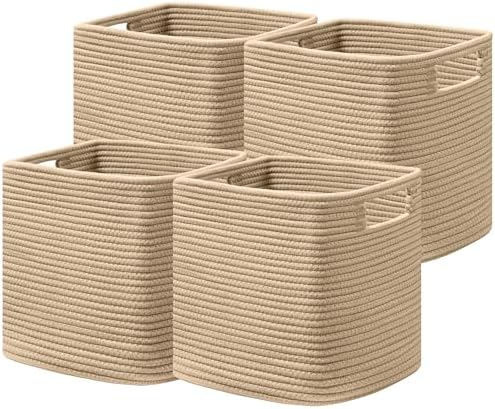 UBBCARE Set of 4 Storage Basket-13 X 13 X 13 In, Cotton Rope Basket for Shelves, Toys, Book, Cube Storage Bins with Handles, Woven Storage Basket for Organizing, Brown by UBBCARE