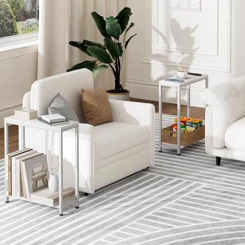 SLEEPING LAMB Narrow End Tables Living Room Set of 2 Small Side Table for Small Space, 2 Tier Slim Skinny Night Stand for Bedroom, Couch Beside Nightstands, White - Image 2