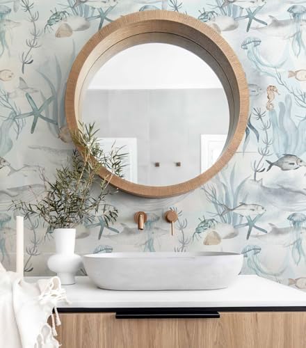 Peel and Stick Wallpaper Aqua Blue Coral Reef Marine Fish Wallcovering Coastal Wallpaper Beach Removable Contact Paper for Kids Bedroom Nursery Bathroom Accent Walls (Aqua Blue, 17.3"x472.44") - Image 2