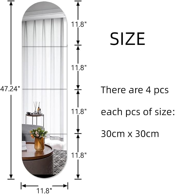 Full Body Length Mirrors for Walls, 12x12" 4pcs Acrylic Plexiglass Mirror Wall-Mounted Stick On Frameless Square Makeup Large Long Mirror Home Workout Gym Hallway Mirror Dorm Floor Tile Self Adhesive - Image 3
