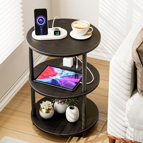 XBurmo Small Round End Table - 3 Tier Design Accent Table, Narrow Side or Bedside Stand, Industrial Vintage Table for Small Spaces, Built-in USB Ports and Power Outlet, Charcoal Wenge by XBurmo