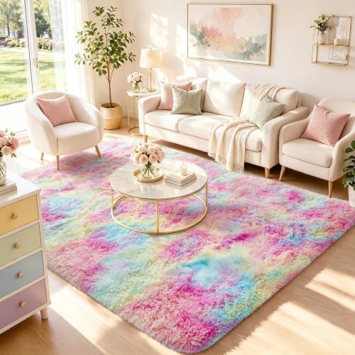 Ophanie 5x7 Rainbow Rug for Bedroom Girls, Unicorn Colorful Fluffy Soft Cute Fuzzy Area Rugs, Shag Plush Shaggy Bedside Floor Furry Carpet for Kids Baby Teen Dorm Nursery Home Decor Aesthetic by Ophanie
