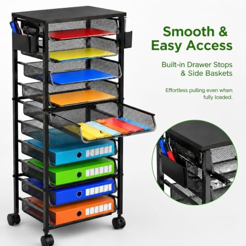 Ekisemio 11-Tier Rolling File Cart, Mobile Desk-Side Organizer with Top Shelf and Side Baskets, Wire Storage Rack for Letter Folders, Home Office & School, Black - Image 5