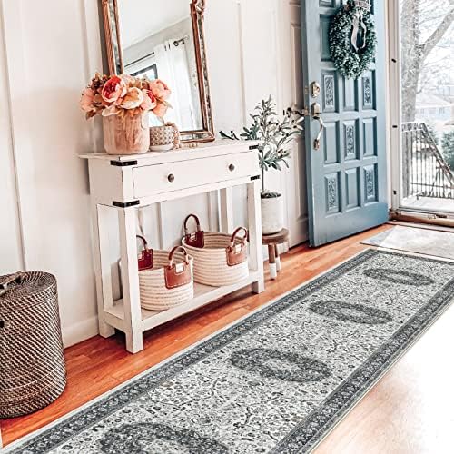 Hallway Washable Runner Rug - 2x10 Kitchen Rugs Entryway Rug Runner Vintage Soft Floor Mat Non Slip Indoor Farmhouse Carpet for Bathroom Living Room Bedroom (2 X 10, Grey) - Image 2