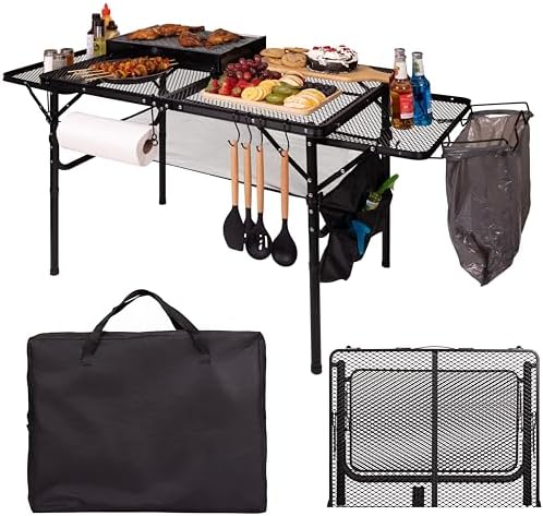 Folding Table w/ Carry Bag, Paper Towel Holder, Garbage Holder, Wing Panels, 3x2 FT Foldable Table for Portable Grill, Picnic, Outdoor, Beach, Small Folding Table Adjustable Height,Camping Table, BBQ by Unknown