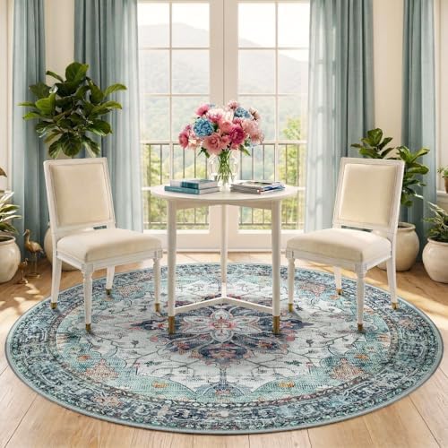 RELEANY Washable Area Rug, Round 5ft, Teal Green/White/Navy - Image 3