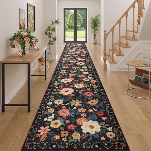 DUKINO 3x20 Runner Rug for Hallway, Floral Washable Long Runner Rug, Black by DUKINO