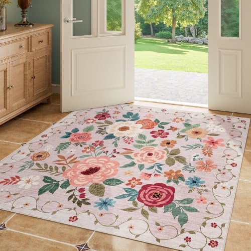 DUKINO 4x4 Square Area Rug, Soft Floral Washable Rug for Entryway, Beige - Image 4