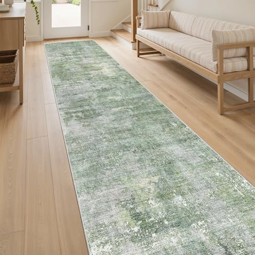 Soalmost Abstract Runner Rug 2x12 Hallway Kitchen Runners Green/Ivory - Image 3