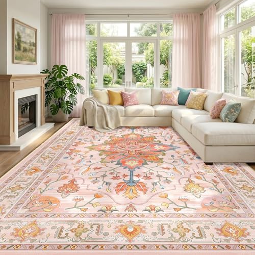 RELEANY Washable Area Rug, Large 10'x14', Pink/Light Pink/Colorful by RELEANY