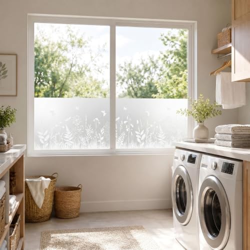 Static Cling Privacy Window Film, 78" x 17" Frosted Glass Covering with Wildflower & Botanical Patterns, Removable No Glue Window Film for Home Bathroom Bedroom Office (Butterfly & Fern Botanical) - Image 2