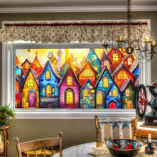 HOMETITUTE Colorful Village Houses Window Cling 39.3x17.7 Inch PVC by HOMETITUTE