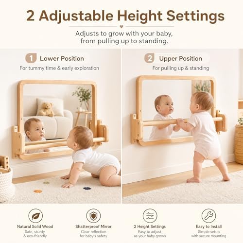 Woodtoe Montessori Mirror with Bar, Adjustable Baby Pull to Stand Toys 6M+ - Image 3