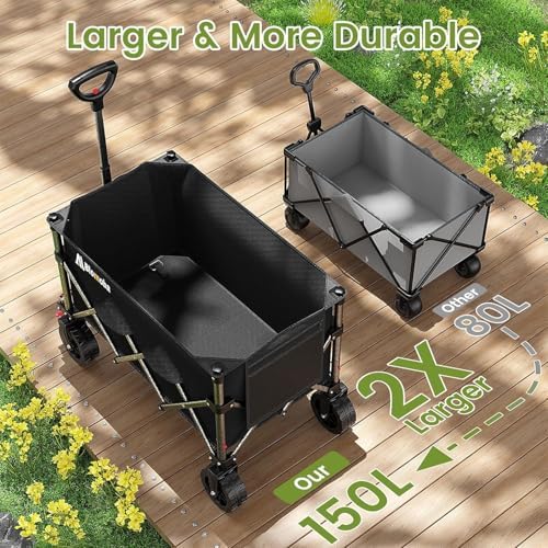 Blomoba Collapsible Wagon Cart, 150L Foldable Wagon with Wide Wheels, Black - Image 5